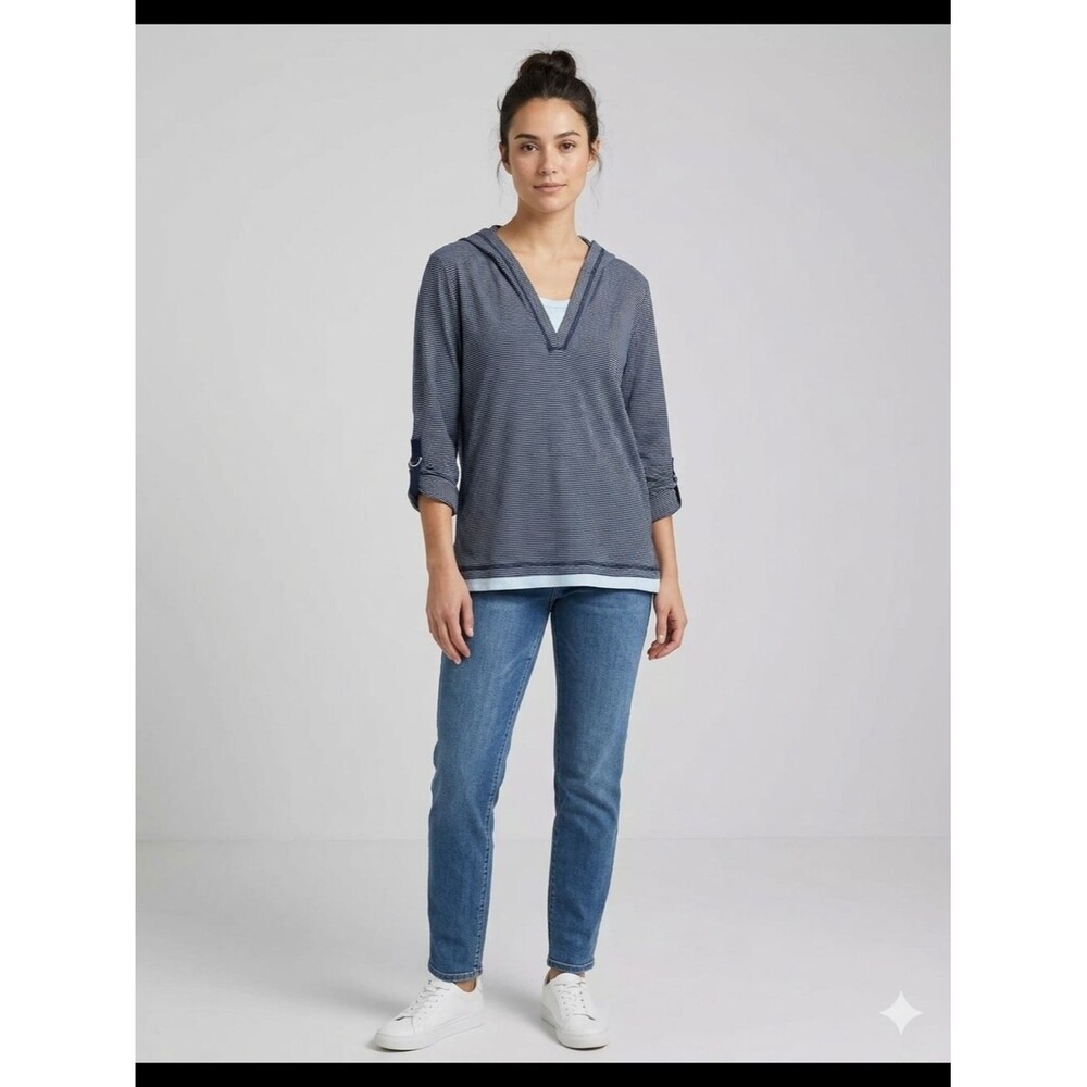 Venezia Sport Layered-Look Classic Blue & White Striped Hooded Tunic Plus Sized